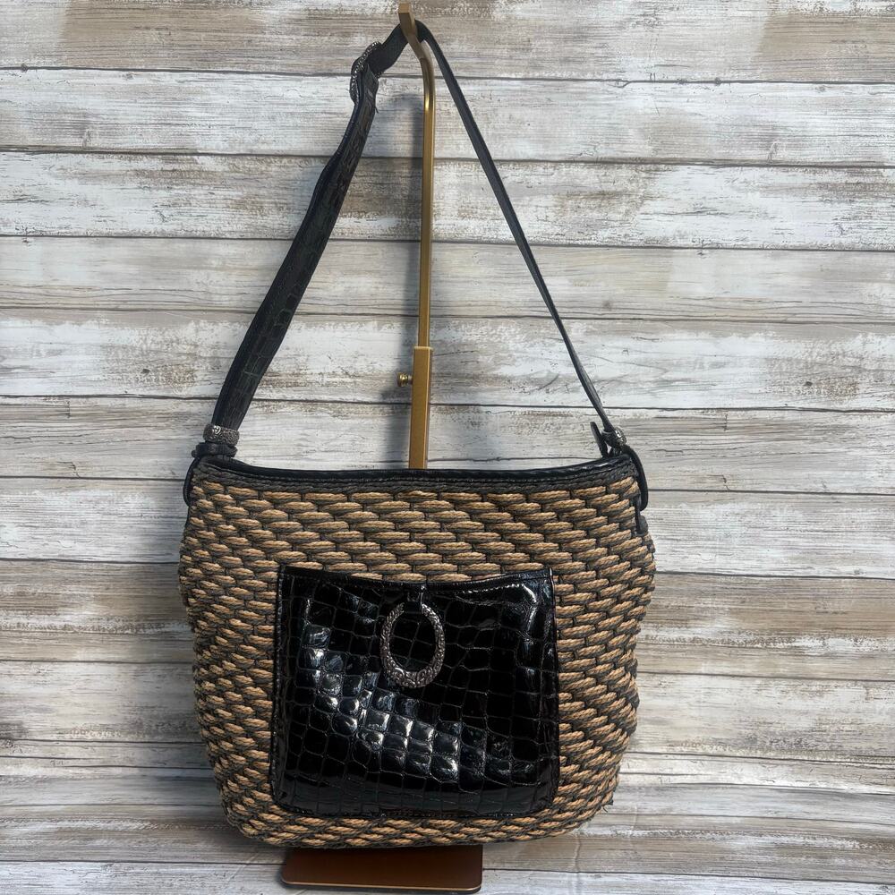 VTG Brighton Purse Janie Shoulder Bag Brown Black Patent Leather Woven Straw Y2k